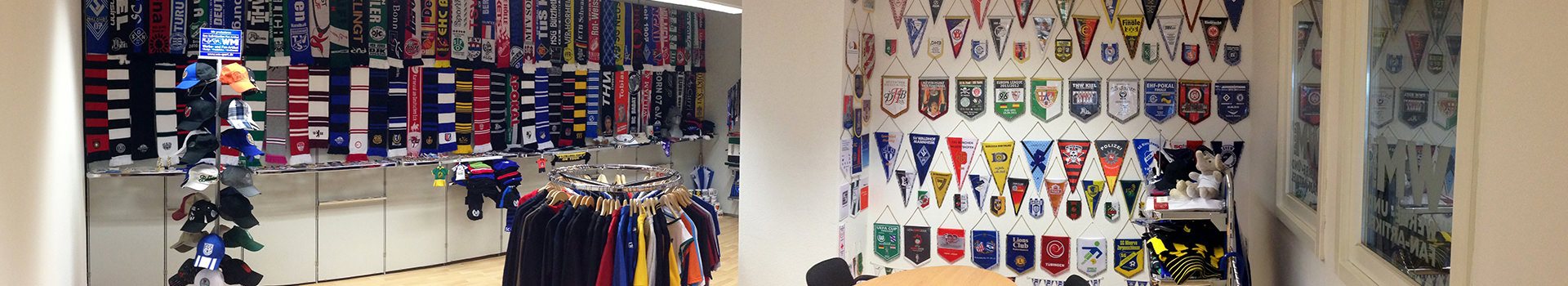 Showroom mit einer Vielzahl von Sportartikeln und Schals an den Wänden und Regalen.