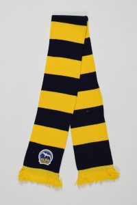 Blockstreifenschal in Blau und Gelb mit dem Logo von ALBA Berlin auf einem Ende.