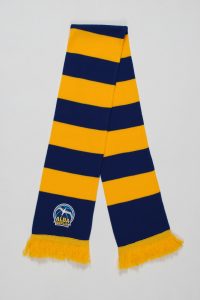 Gestreifter Schal in Blau und Gelb mit Fransen und einem Logo von Alba Berlin.