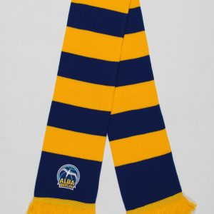 Gestreifter Schal in Blau und Gelb mit Fransen und einem Logo von Alba Berlin.