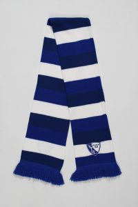 Blockstreifenschal in Blau und Weiß mit Fransen und einem Logo auf der Vorderseite.