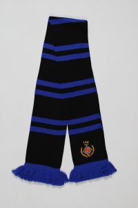 Blockstreifenschal in Schwarz mit blauen Streifen und Fransen am Ende.