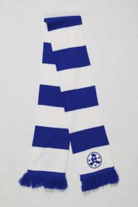 Ein blau-weißer Blockstreifenschal mit Fransen und einem runden Logo am Ende.