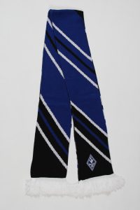 Blockstreifenschal in Blau und Schwarz mit weißen Streifen und Fransen am Ende.