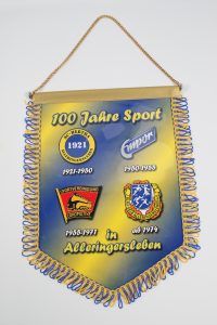 Eventwimpel zum 100-jährigen Jubiläum des Sports in Alleringersleben mit verschiedenen Vereinslogos.