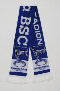 Blauer Schal mit dem Logo von Hertha BSC und dem Olympiastadion Berlin in Weiß.