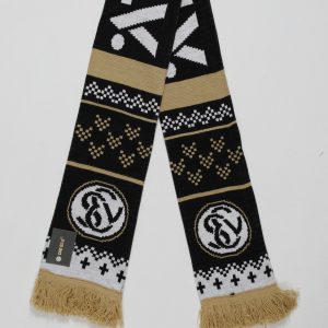 Schwarzer und goldener Jacquard-Schal mit grafischem Muster und Fransen am Ende.