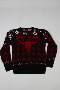 Schwarzer und roter Wacken X-Mas Pullover mit grafischem Design und Weihnachtsmotiven.