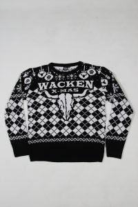 Ugly Sweater in Schwarz und Weiß mit Wacken X-Mas Motiv und geometrischen Mustern.
