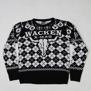 Ugly Sweater in Schwarz und Weiß mit Wacken X-Mas Motiv und geometrischen Mustern.