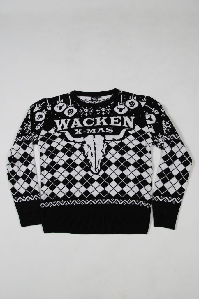 Ugly Sweater in Schwarz und Weiß mit Wacken X-Mas Motiv und geometrischen Mustern.
