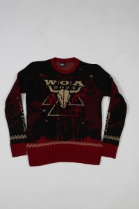 Schwarzer und roter hässlicher Pullover mit grafischem Design und Schriftzug W.O.A. 2021.