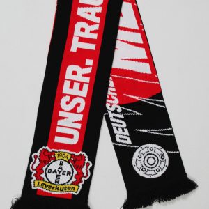 Schal von Bayer 04 Leverkusen in Rot und Schwarz mit dem Vereinslogo und Text.