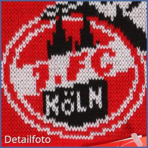 Strickschal in Rot und Weiß mit dem Logo des 1. FC Köln in der Mitte.