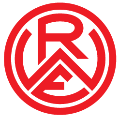 Rotes und weißes Logo von Rot-Weiss Essen mit stilisierten Buchstaben RWE.
