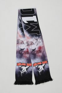 Schwarzer und grauer Schal mit WM-Logo und Kölner Haie-Emblem.