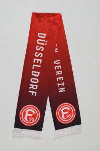 Rot-schwarzer Fan-Schal von Fortuna Düsseldorf mit Vereinslogo und Schriftzug.
