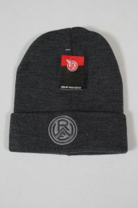 Dunkelgraue Beanie-Mütze mit einem gestickten Logo auf der Vorderseite.