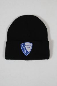 Schwarze Beanie-Mütze mit einem blauen und weißen Bochum 1848 Logo auf der Vorderseite.