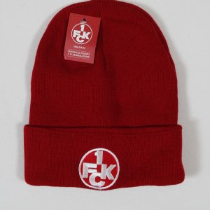 Rote Beanie-Mütze mit einem gestickten Logo, das die Zahl 1 und die Buchstaben FCK zeigt.