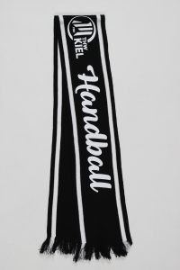 Schwarzer Schal mit weißen Streifen und dem Schriftzug 'Handball' von THW Kiel.