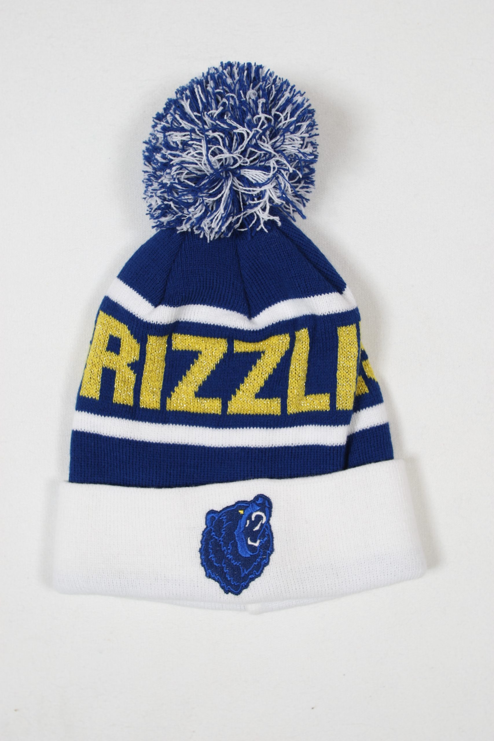 Blaue Mütze mit gelbem Schriftzug 'GRIZZLIES' und weißem Rand, verziert mit einem Bärenlogo.