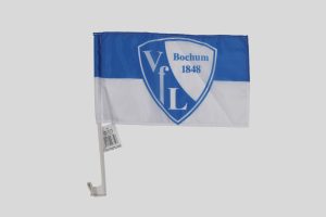 Autofahne des VfL Bochum mit blau-weißer Farbgestaltung und Vereinslogo.