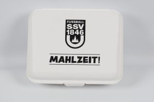 Weißes Brotdose mit dem SSV 1846 Logo und dem Text 'MAHLZEIT!'.