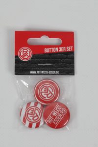 Drei Buttons im Set mit dem Logo von Rot-Weiss Essen in rot und weiß.