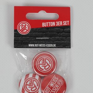 Drei Buttons im Set mit dem Logo von Rot-Weiss Essen in rot und weiß.