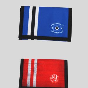 Zwei Geldbörsen im Design von Hamburger SV und RasenBallsport Leipzig, eine blau und eine rot.