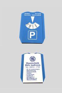 Parkscheibe mit Uhr und Kontaktinformationen für Haustechnik Dirk Andresen.