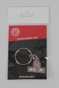 Schlüsselanhänger aus Metall mit dem Schriftzug 'Essen' und einem Logo in rot und weiß.