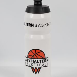 Weißer Trinkbecher mit schwarzem Deckel und Basketball-Logo von ATV Haltern Basketball.