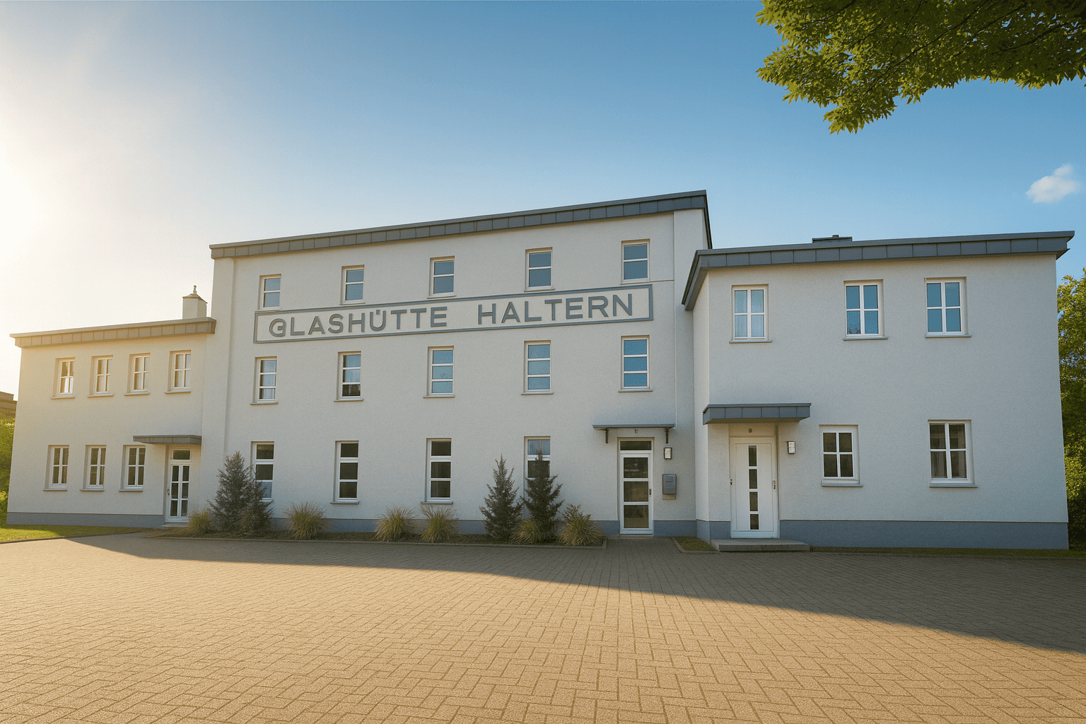 Das Gebäude der Glashütte Haltern mit klarer Architektur und Fenstern.