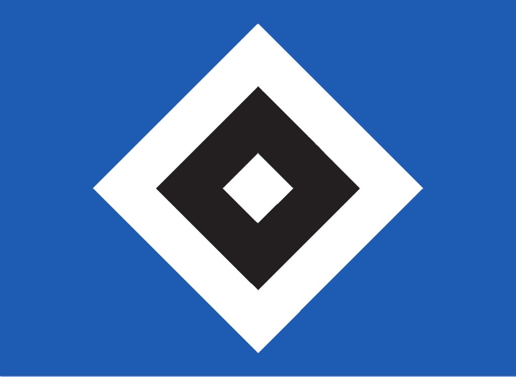 Logo des Hamburger SV auf blauem Hintergrund mit einem schwarzen Rhombus und einem weißen Quadrat.