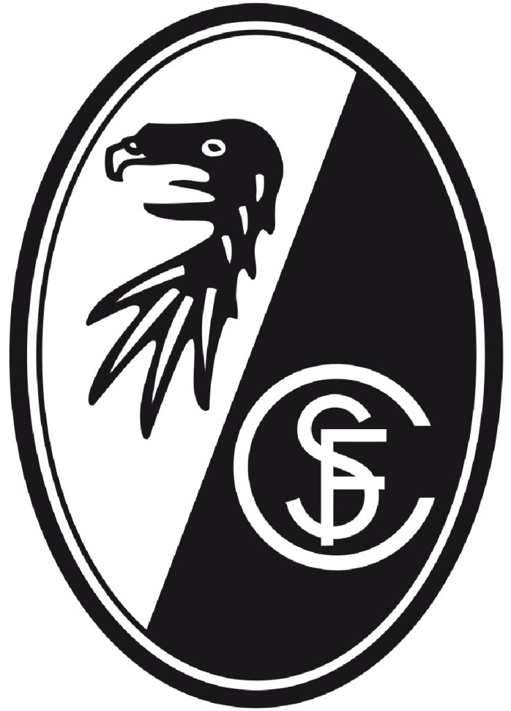 Logo des SC Freiburg mit einem stilisierten schwarzen Adler und den Buchstaben SC in einem ovalen Design.