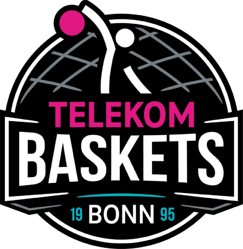 Logo der Telekom Baskets Bonn mit einem Basketballspieler und dem Schriftzug in pink und schwarz.