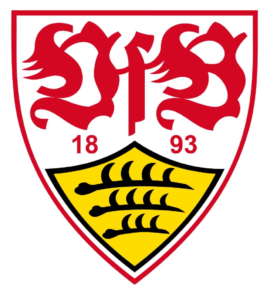 Vereinswappen des VfB Stuttgart mit rotem und gelbem Design, das das Gründungsjahr 1893 zeigt.